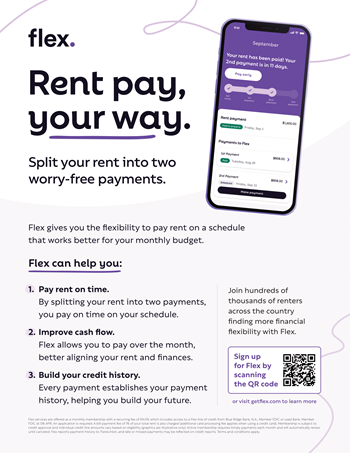 An advertisement for Flex, a service that allows rent payments to be split into two worry-free payments.